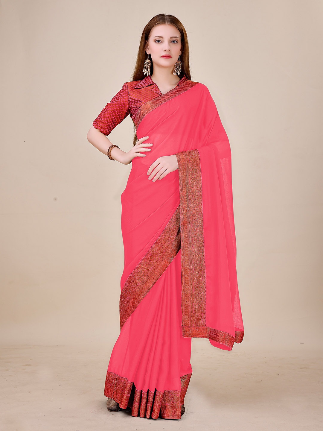 

UNITED LIBERTY Zari Pure Chiffon Saree, Pink