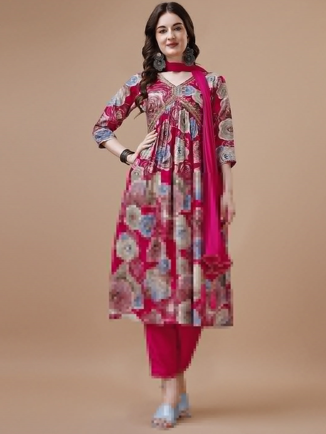 

Berrylicious Floral Printed V-Neck Thread Work Empire A-Line Kurta with Trouser & Dupatta, Pink