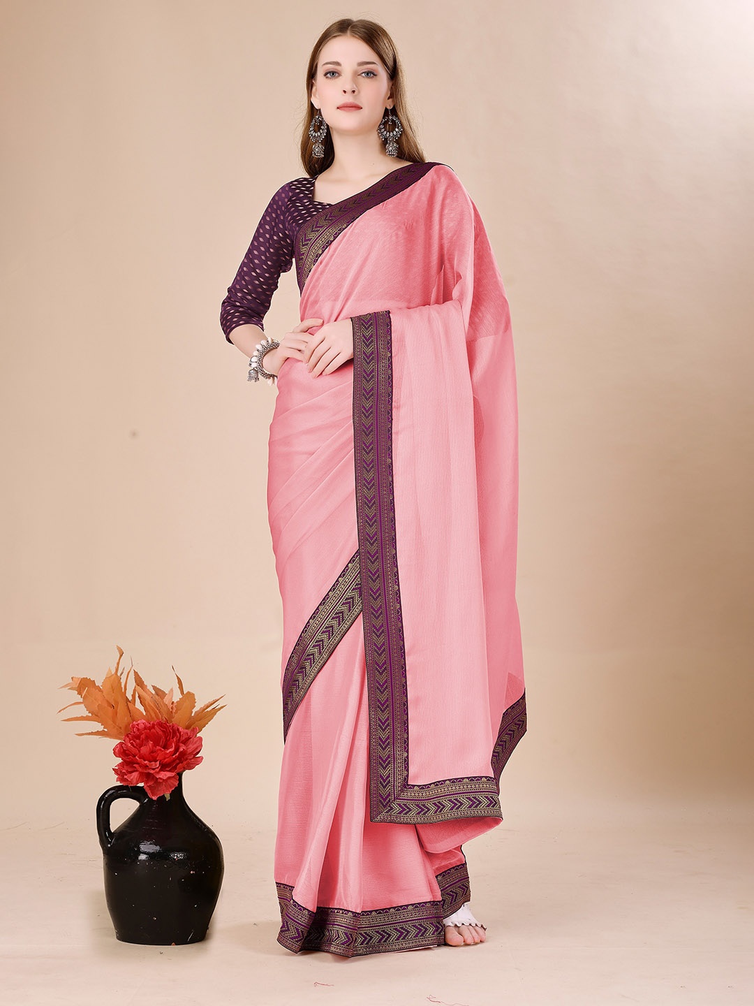 

UNITED LIBERTY Zari Pure Chiffon Saree, Pink