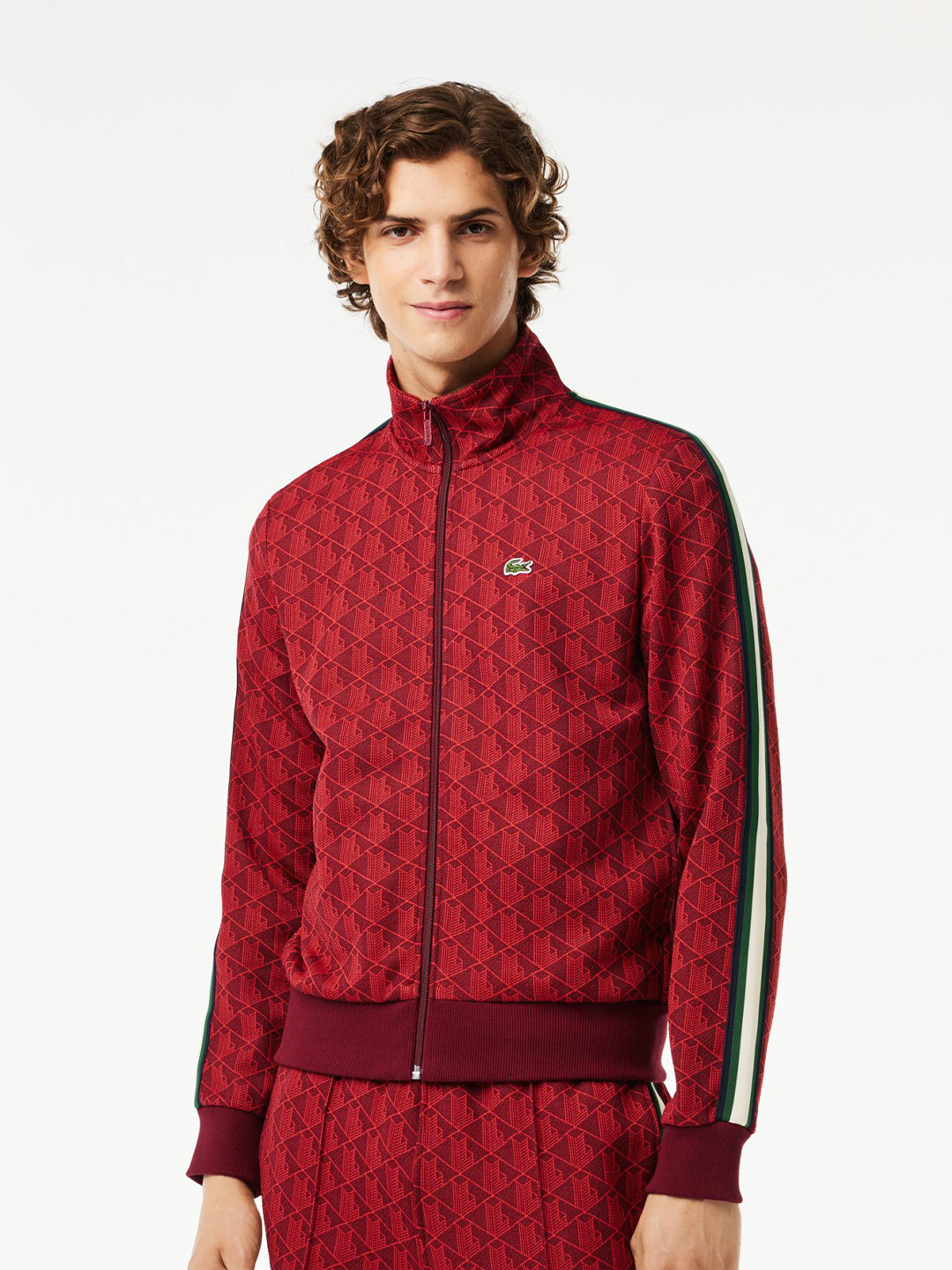

Lacoste Self Design Mock Collar Front Open Sweatshirt, Red