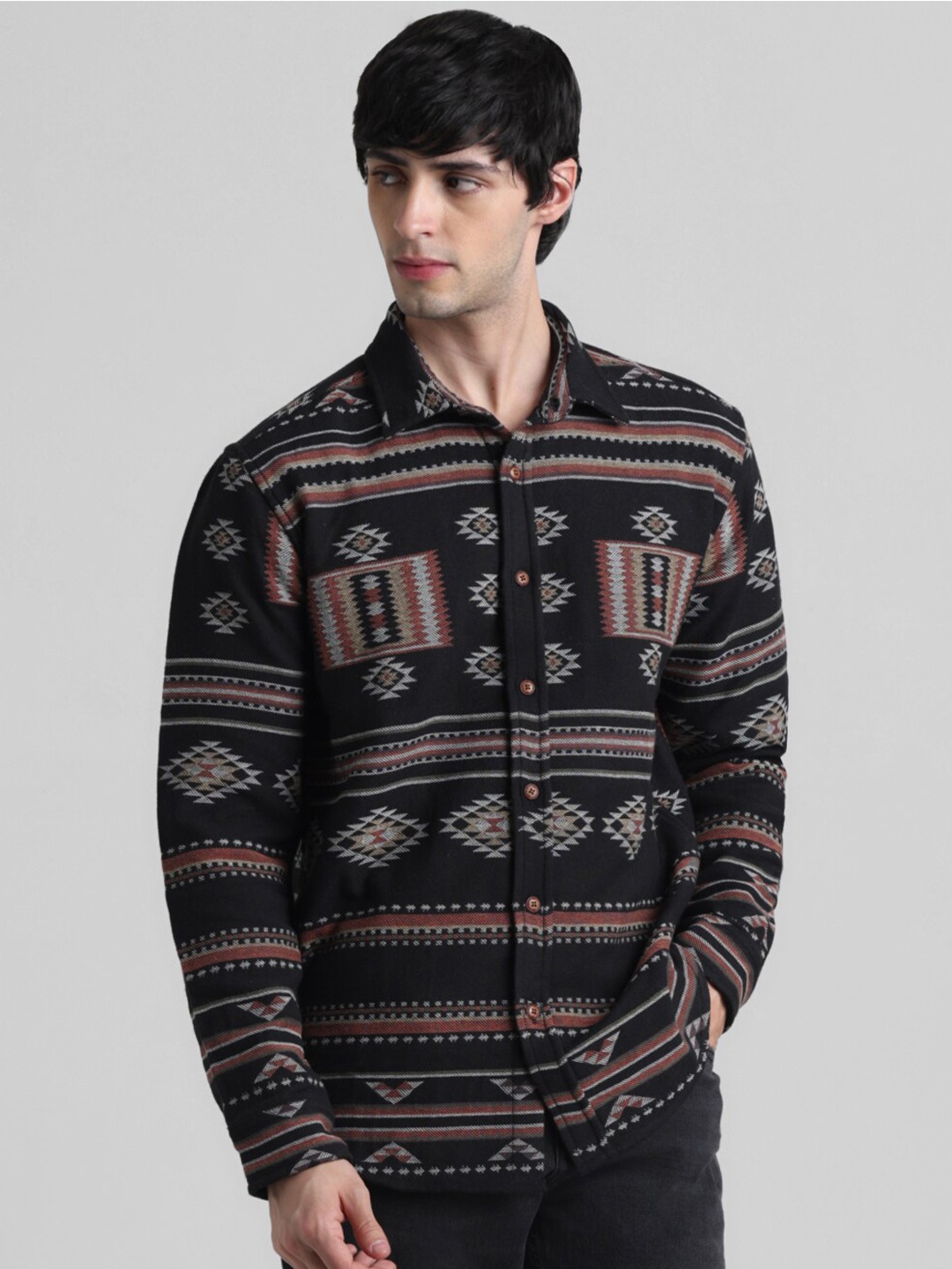 

Jack & Jones Regular Fit Ethnic Motifs Spread Collar Long Sleeve Cotton Casual Shirt, Black