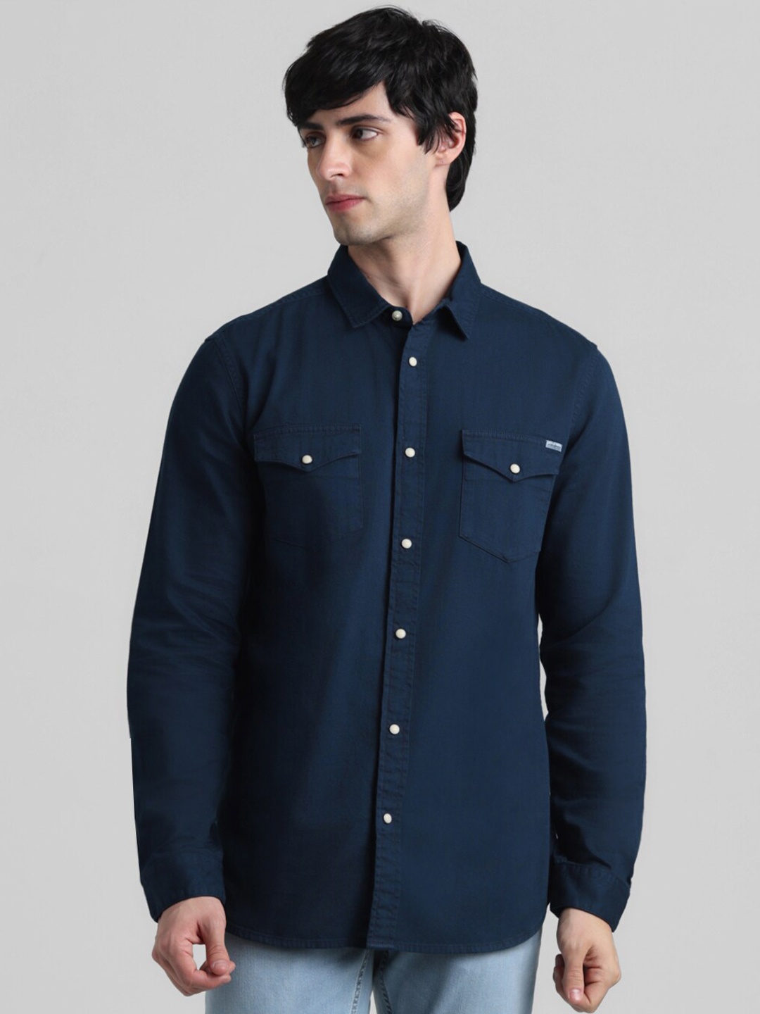 

Jack & Jones Slim Fit Spread Collar Long Sleeves Cotton Casual Shirt, Navy blue