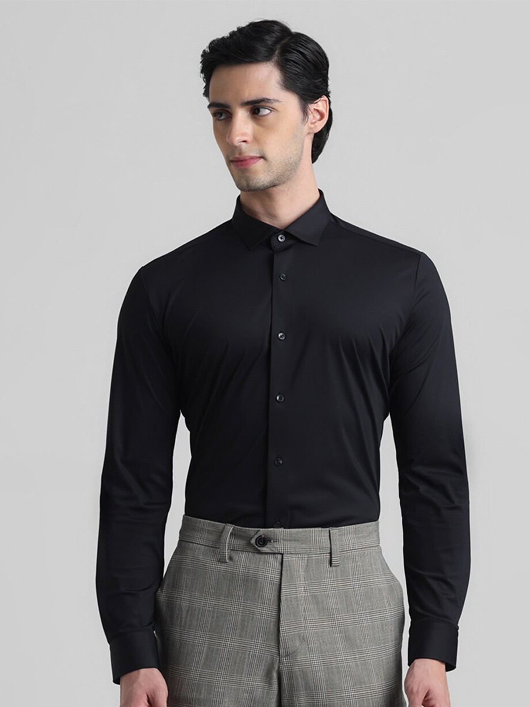 

Jack & Jones Slim Fit Spread Collar Long Sleeves Cotton Casual Shirt, Black