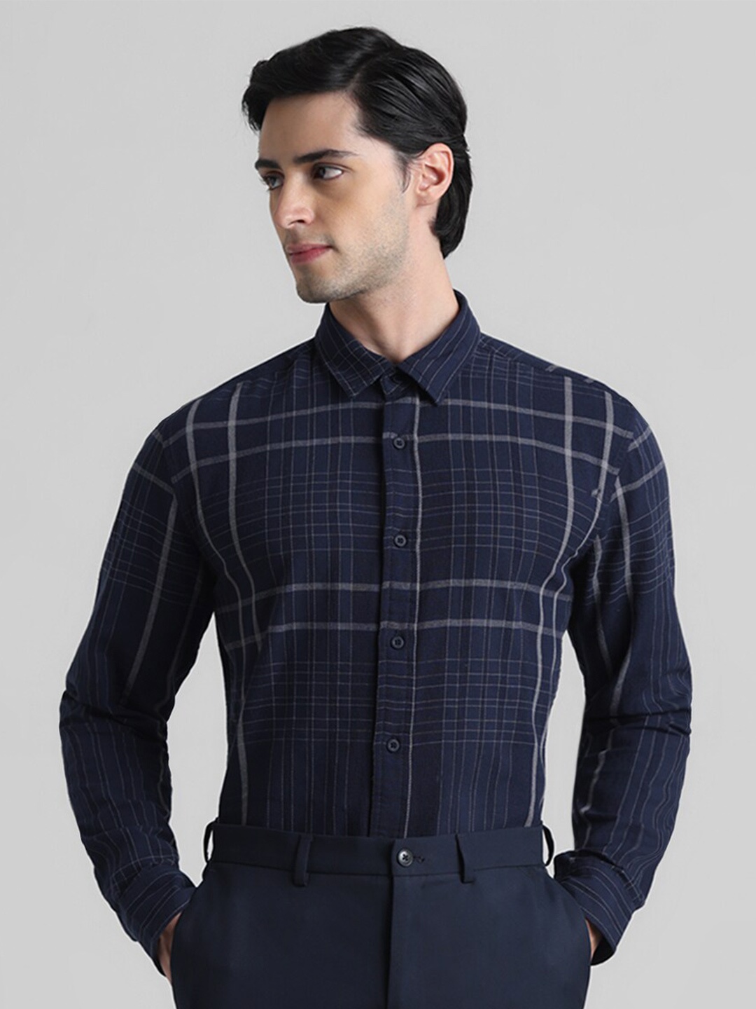 

Jack & Jones Other Checks Spread Collar Long Sleeve Cotton Casual Shirt, Navy blue