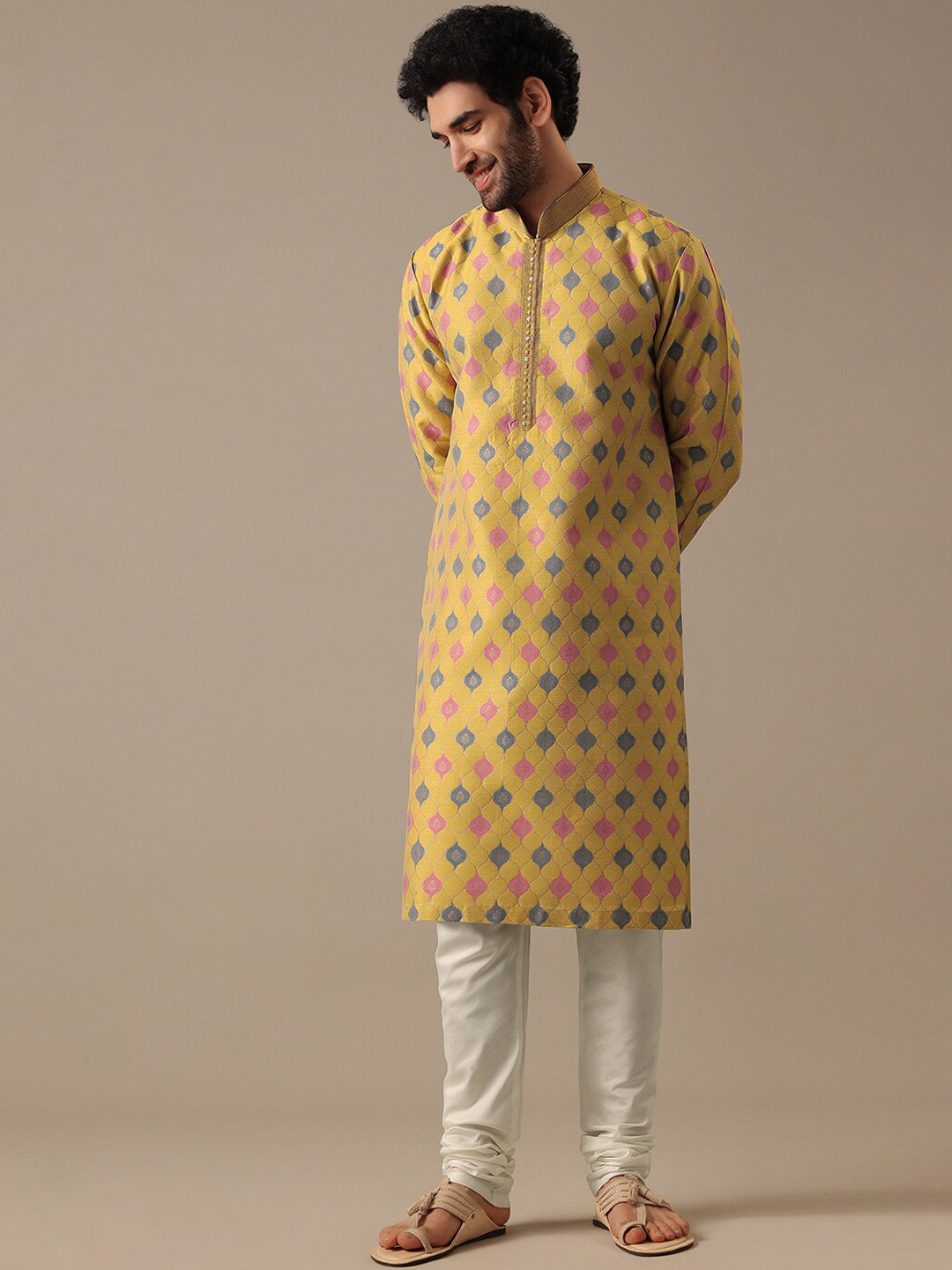 

KALKI Fashion Woven Design Mandarin Collar Long Sleeve Regular Kurta With Trousers, Yellow
