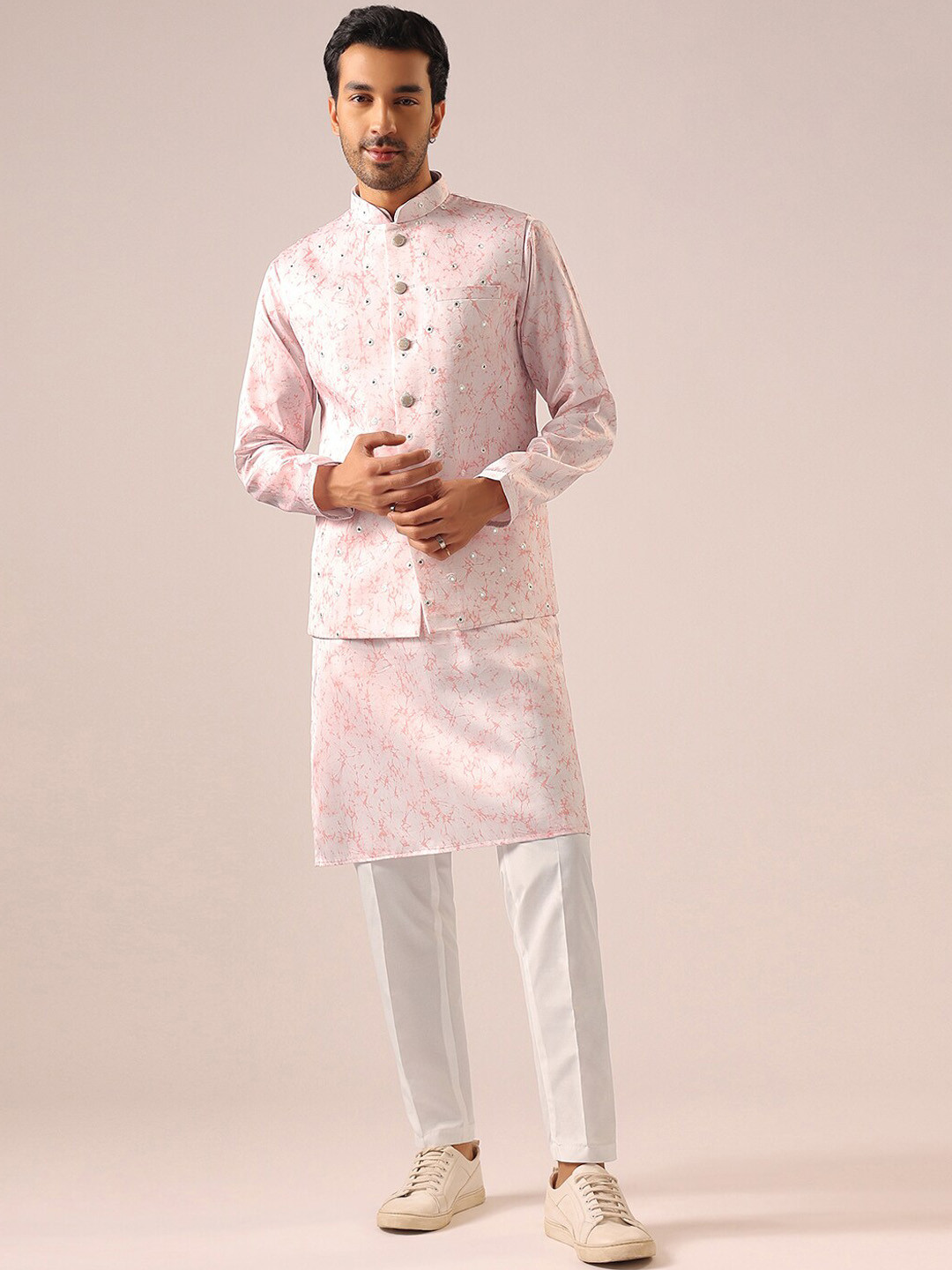 

KALKI Fashion Mandarin Collar Long Sleeve Regular Kurta With Trousers & Nehru jacket, Pink