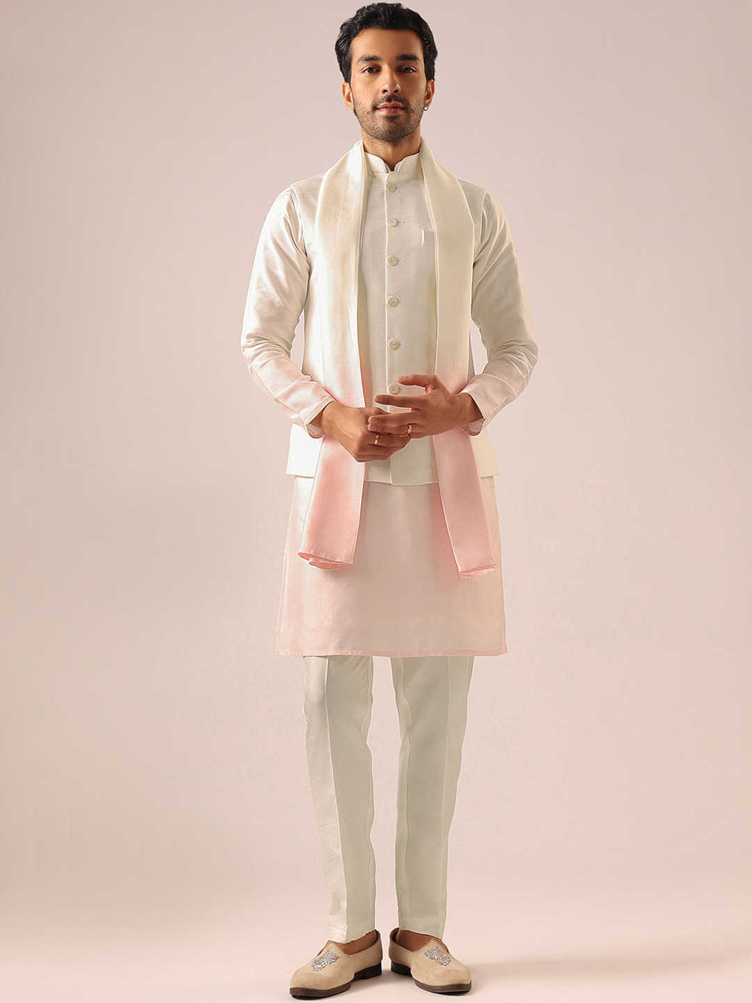 

KALKI Fashion Mandarin Collar Long Sleeve Regular Kurta Set & Nehru jacket With Dupatta, Pink