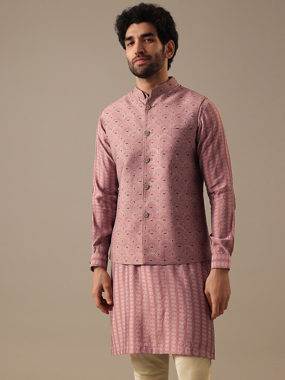 

KALKI Fashion Mandarin Collar Long Sleeve Regular Kurta With Trousers & Nehru jacket, Pink