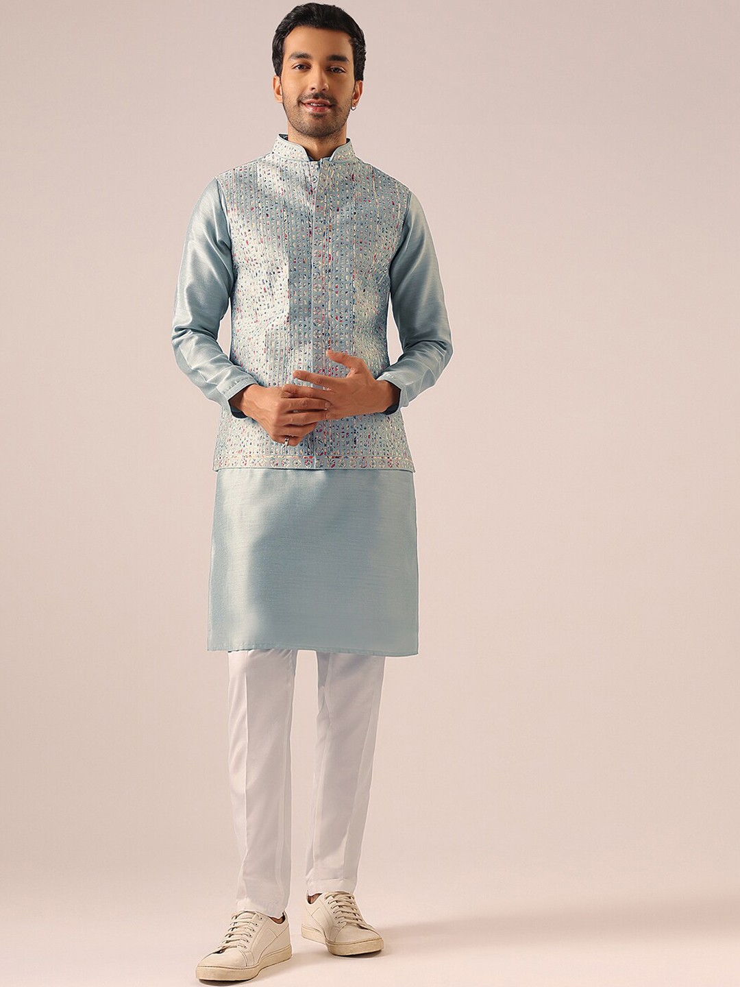 

KALKI Fashion Mandarin Collar Kurta With Pyjamas & Nehru Jacket, Blue