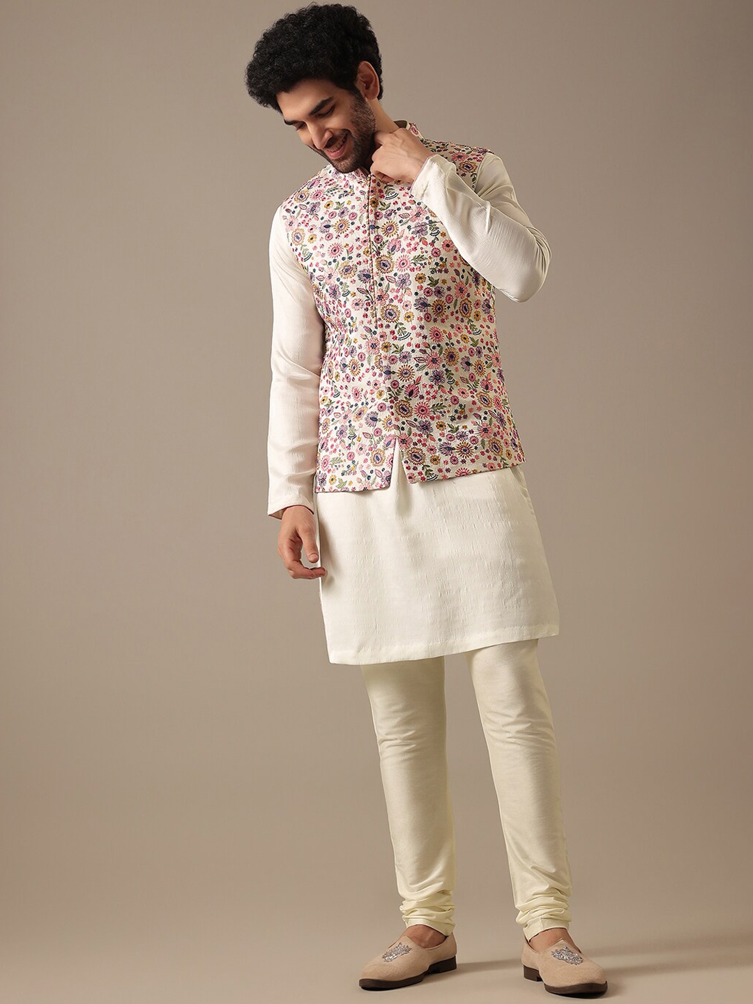 

KALKI Fashion Mandarin Collar Kurta With Churidar & Nehru Jacket, Cream