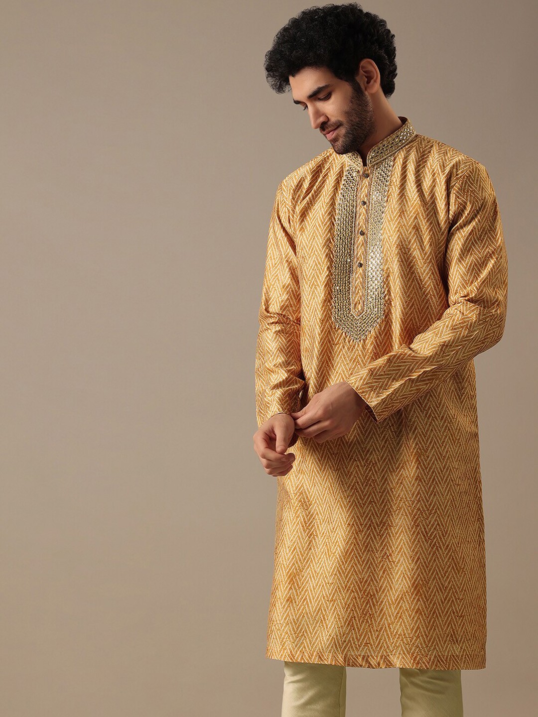 

KALKI Fashion Chevron Printed Mirror Work Kurta With Churidar, Yellow