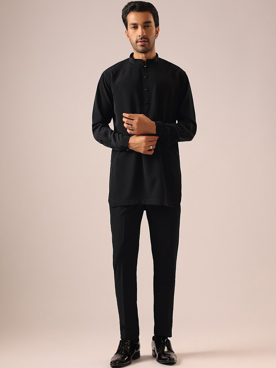 

KALKI Fashion Mandarin Collar Kurta With Trousers & Nehru Jacket, Black