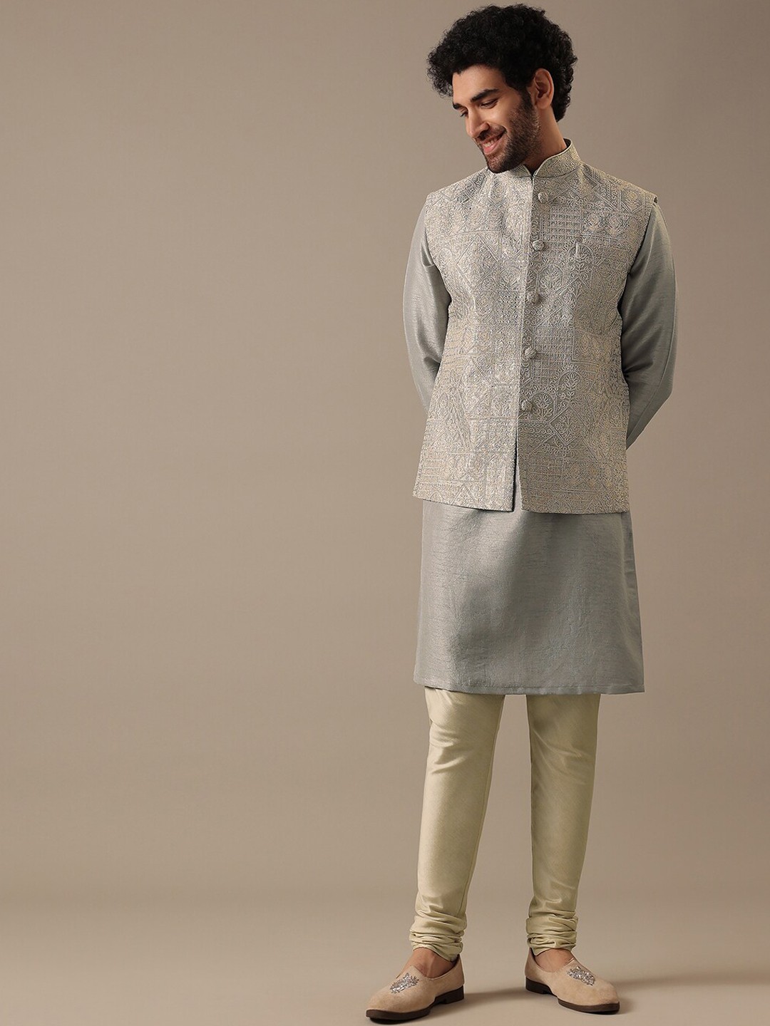 

KALKI Fashion Mandarin Collar Kurta With Churidar & Nehru Jacket, Grey