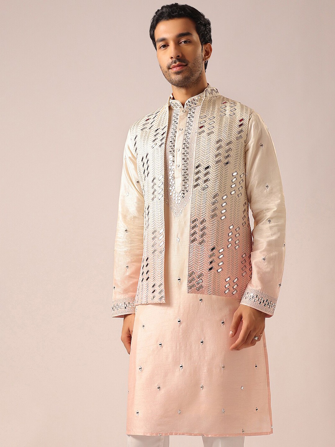 

KALKI Fashion Embellished Mandarin Collar Mirror Work Kurta With Trousers & Jacket, Peach