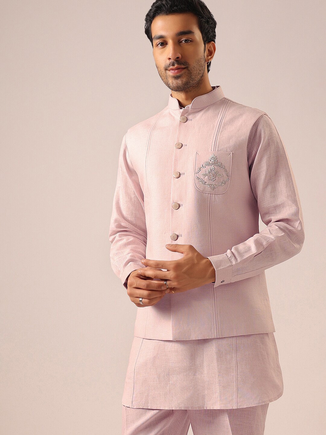 

KALKI Fashion Mandarin Collar Kurta With Trouser & Nehru Jacket, Pink