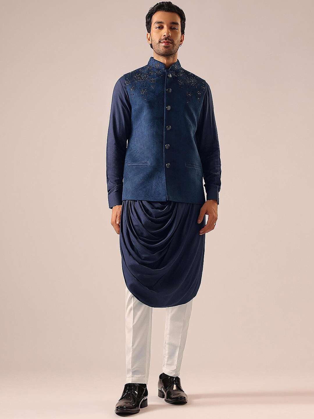 

KALKI Fashion Mandarin Collar Regular Velvet Kurta with Trousers with Neheru Jacket, Blue