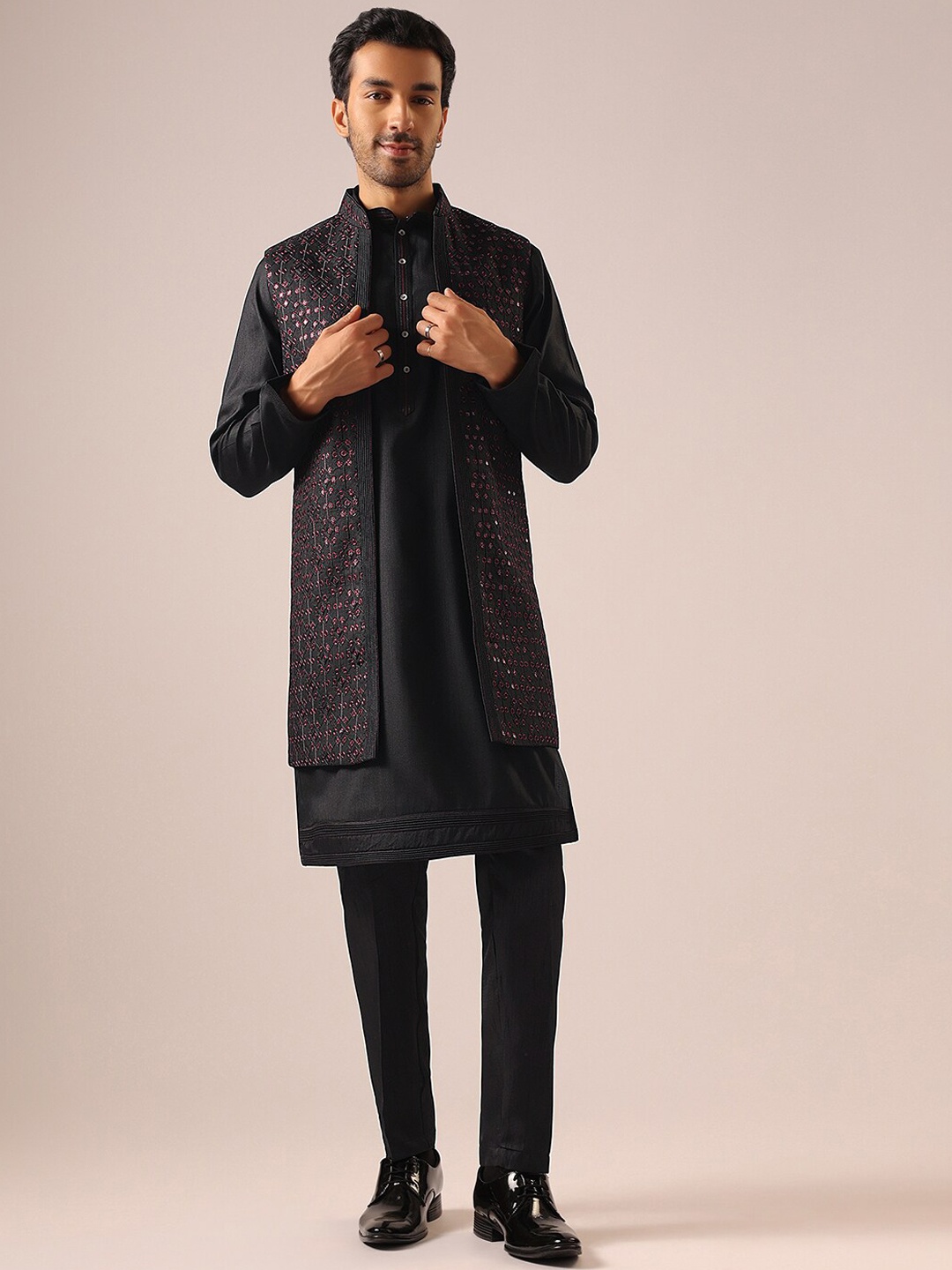 

KALKI Fashion Kurta with Trousers & Front Open Jacket, Black