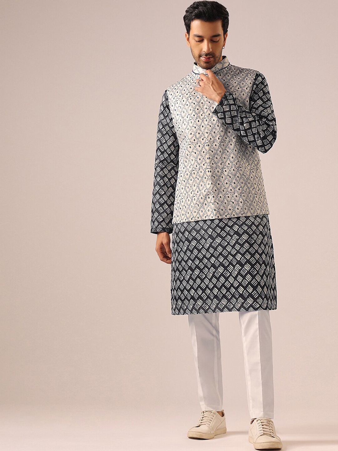 

KALKI Fashion Geometric Printed Mirror Work Straight Kurta & Trousers With Nehru jacket, Black