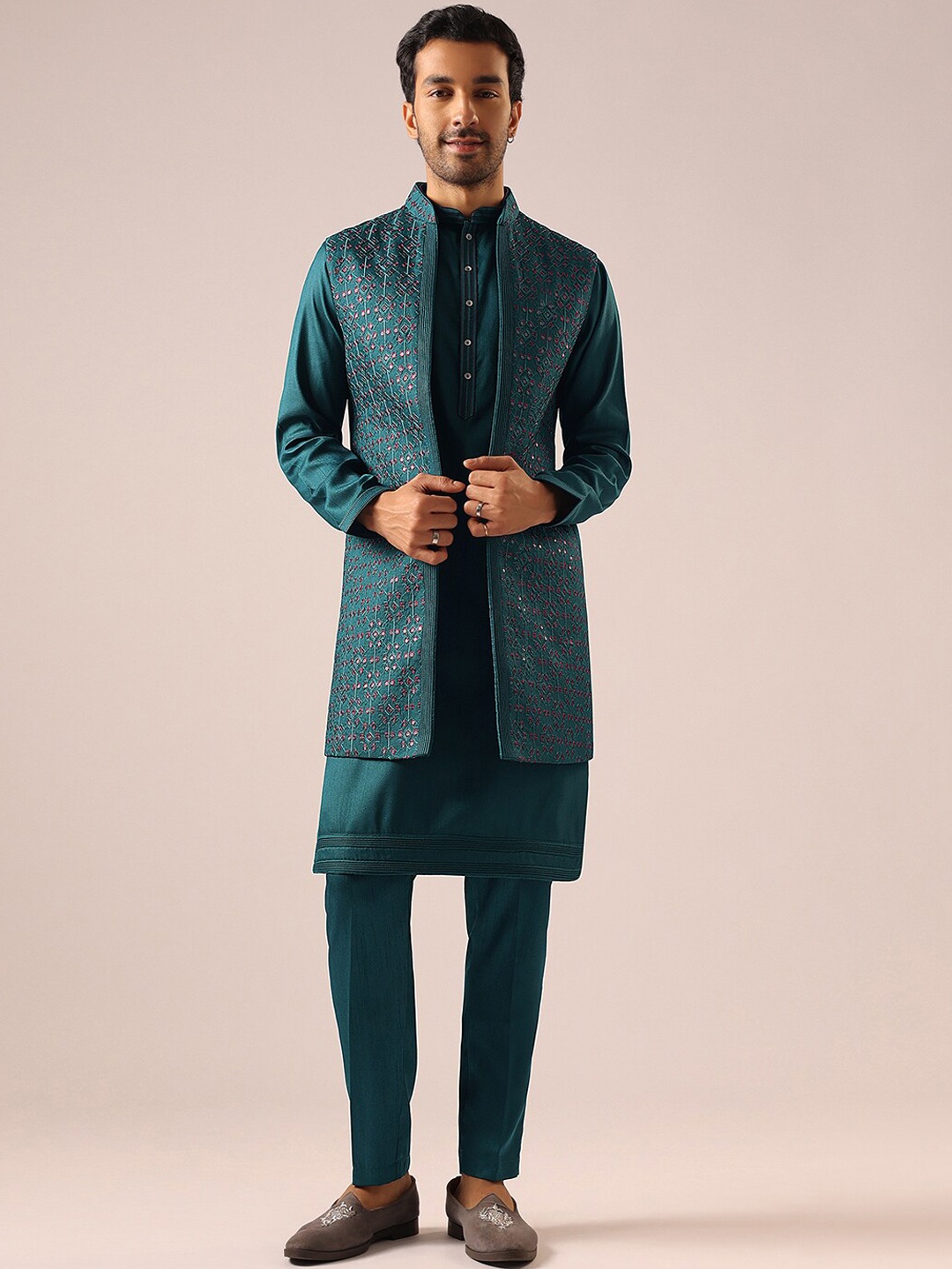

KALKI Fashion Mandarin Collar Straight Kurta & Trousers With Nehru jacket, Teal