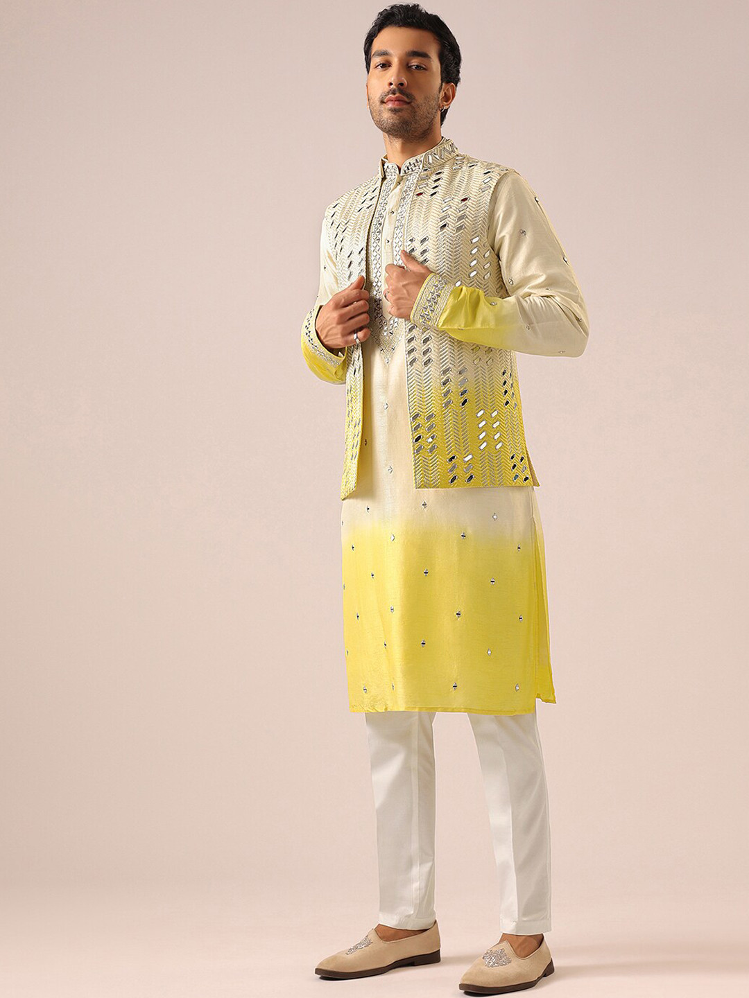 

KALKI Fashion Embroidered Mirror Work Kurta with Trousers And Nehru Jacket, Yellow