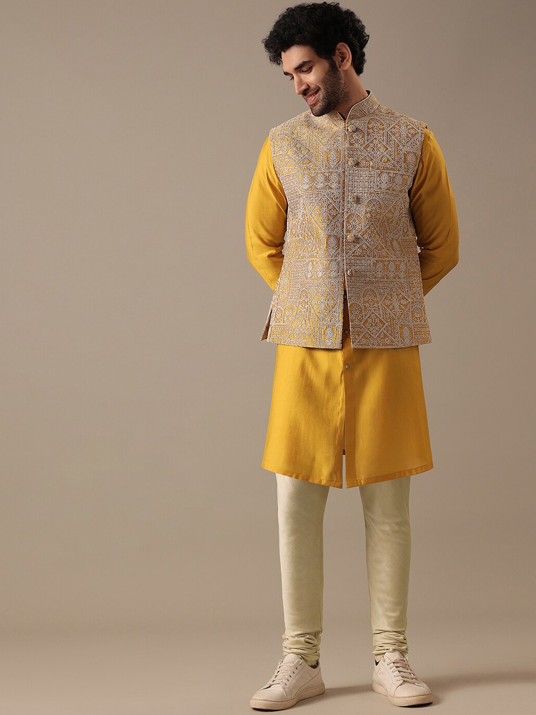 

KALKI Fashion Kurta with Pyjamas And Embroidered Nehru Jacket, Yellow