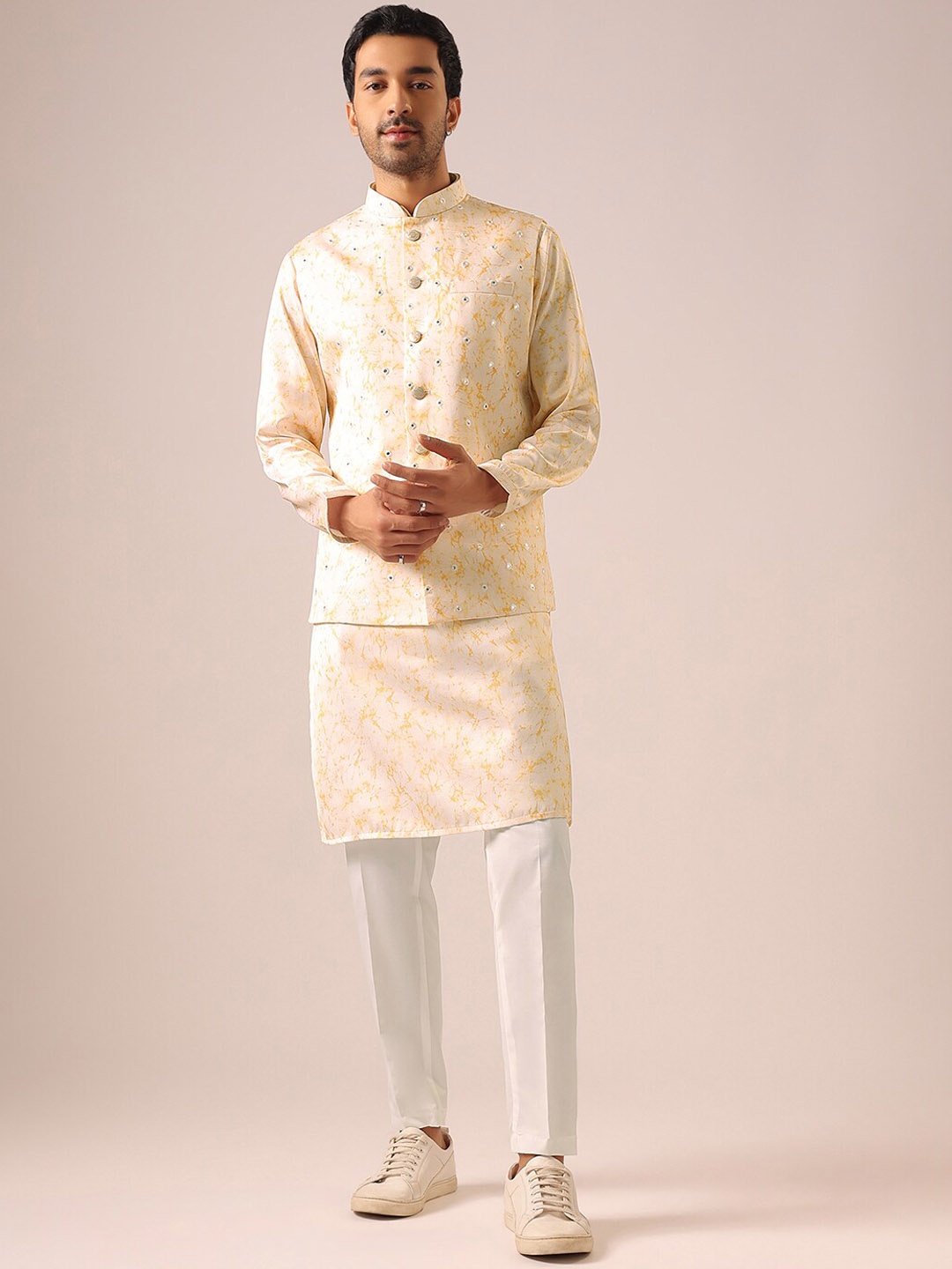 

KALKI Fashion Printed Mirror Work Kurta with Trousers And Nehru Jacket, Orange