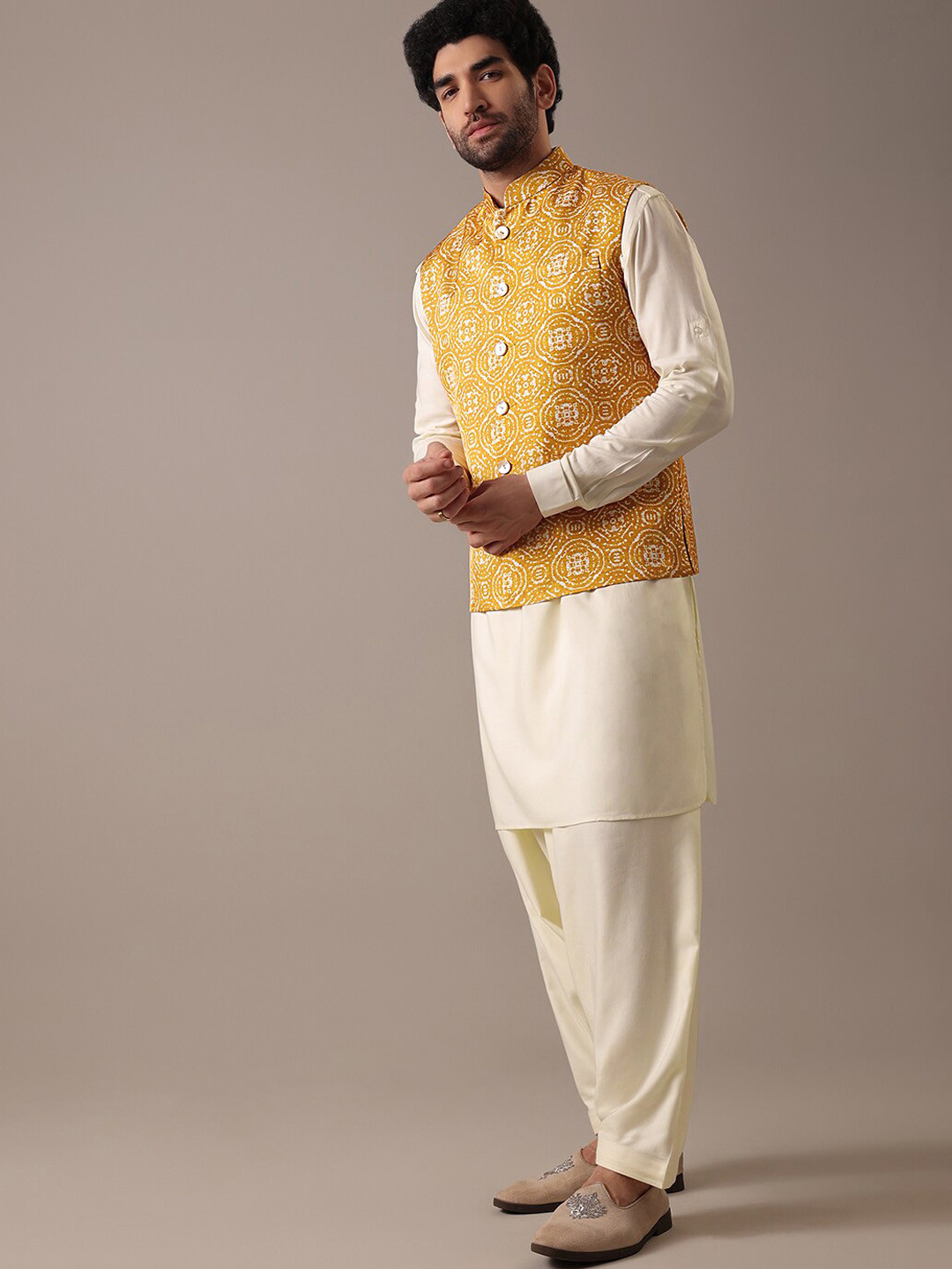 

KALKI Fashion Kurta with Pyjamas And Printed Nehru Jacket, Yellow