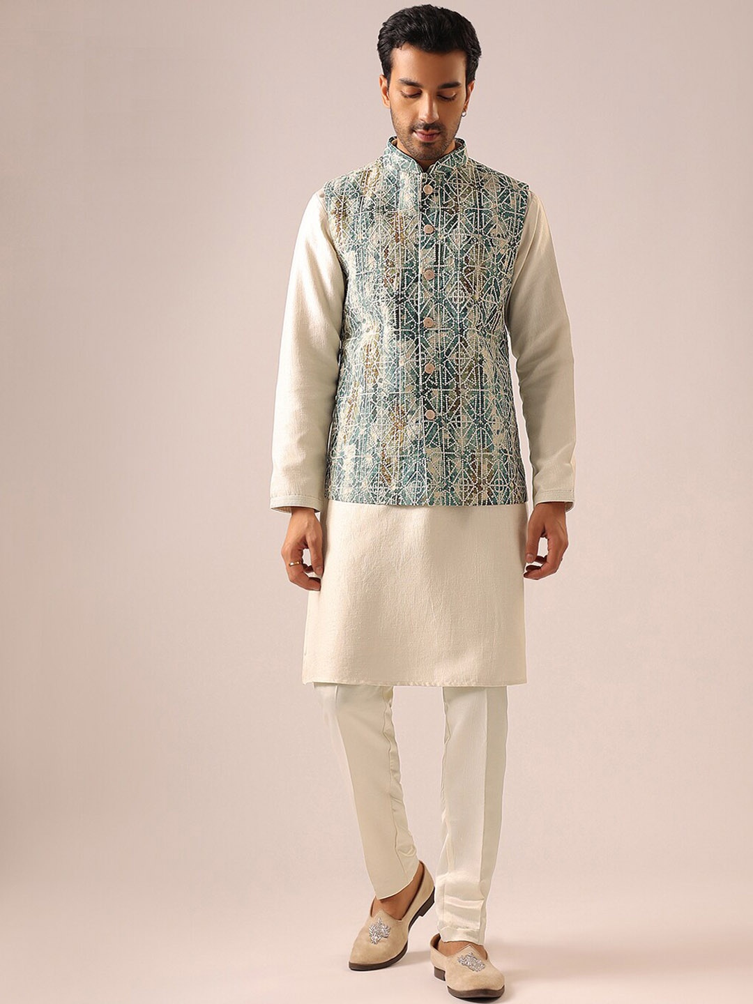 

KALKI Fashion Embroidered Kurta with Trousers And Nehru Jacket, White