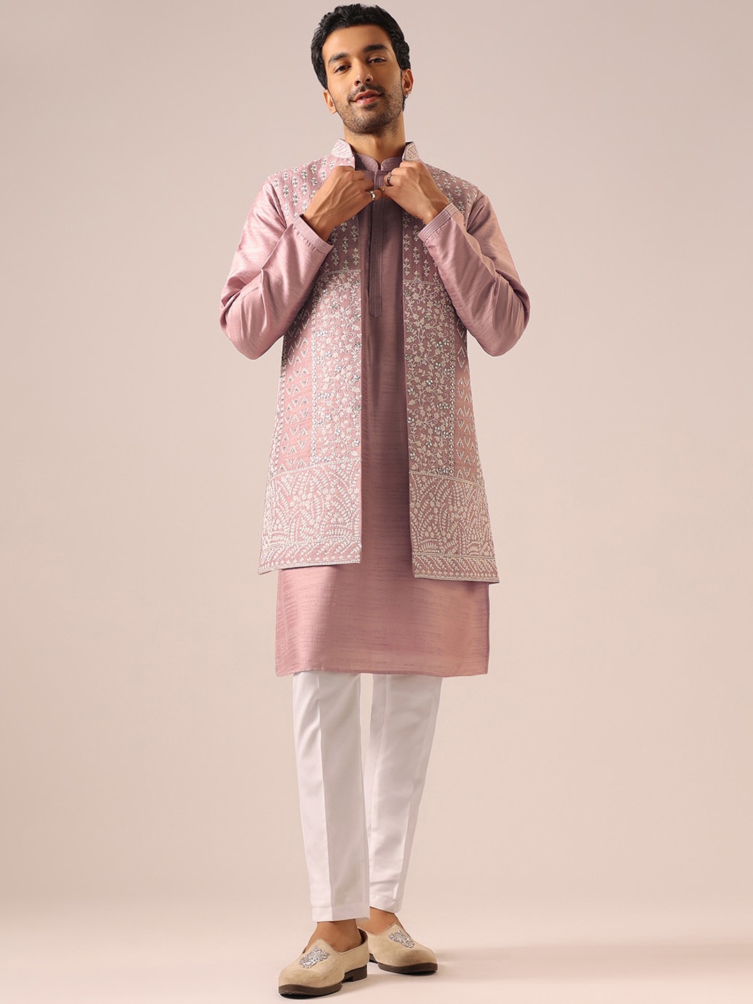 

KALKI Fashion Mandarin Collar Kurta with Pyjamas And Jacket, Pink