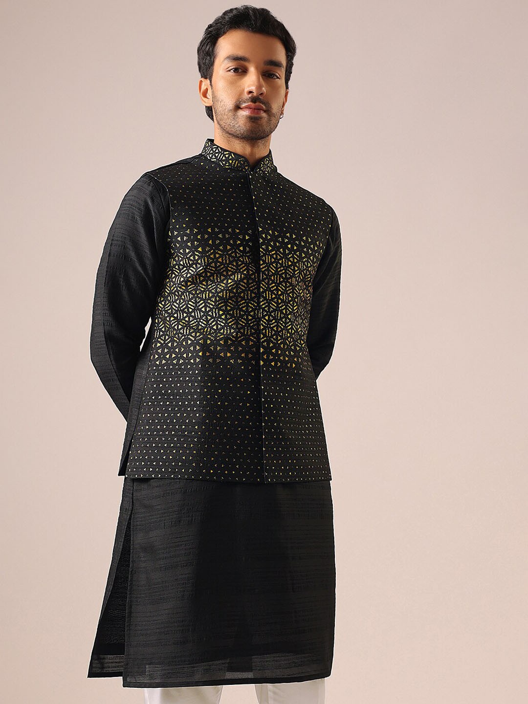 

KALKI Fashion Woven Design Mandarin Collar Straight Kurta & Trousers With Nehru jacket, Black