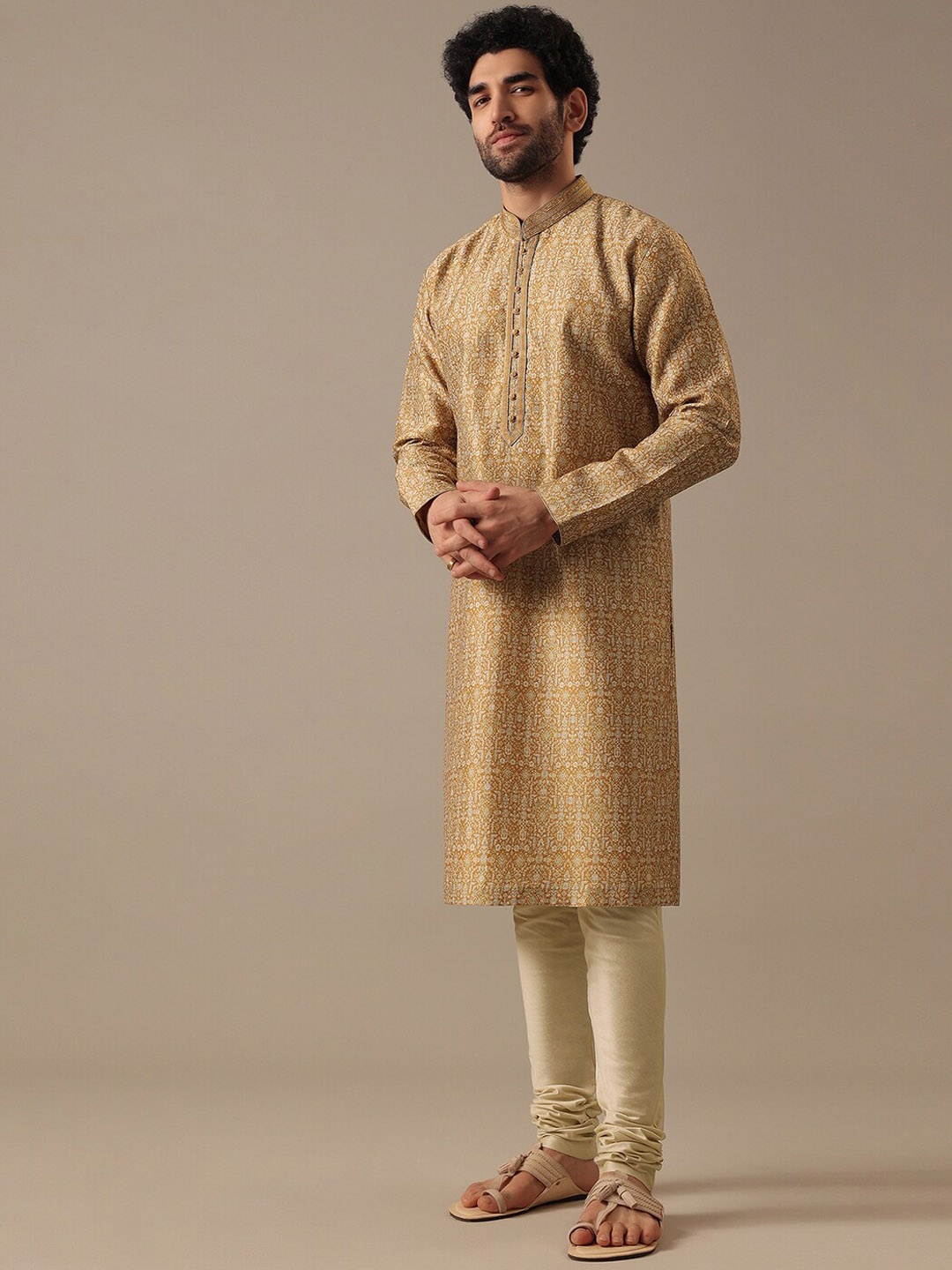

KALKI Fashion Ethnic Motifs Printed Mandarin Collar Kurta With Churidar, Yellow