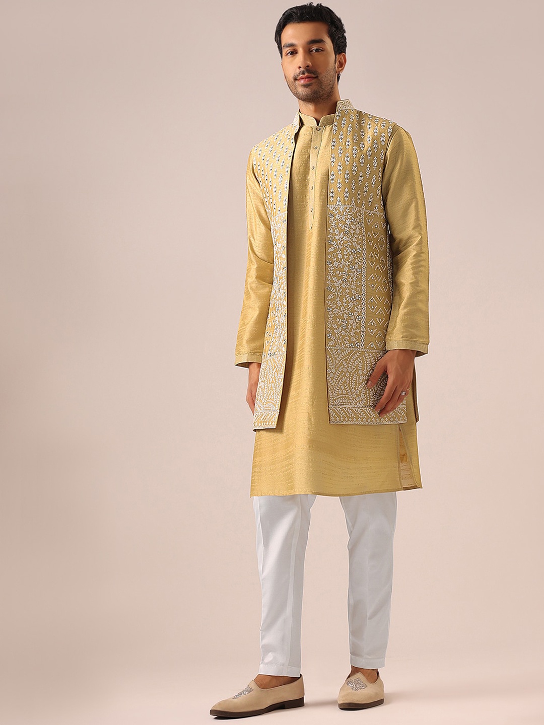 

KALKI Fashion Mandarin Collar Kurta With Trousers & Long Jacket, Yellow