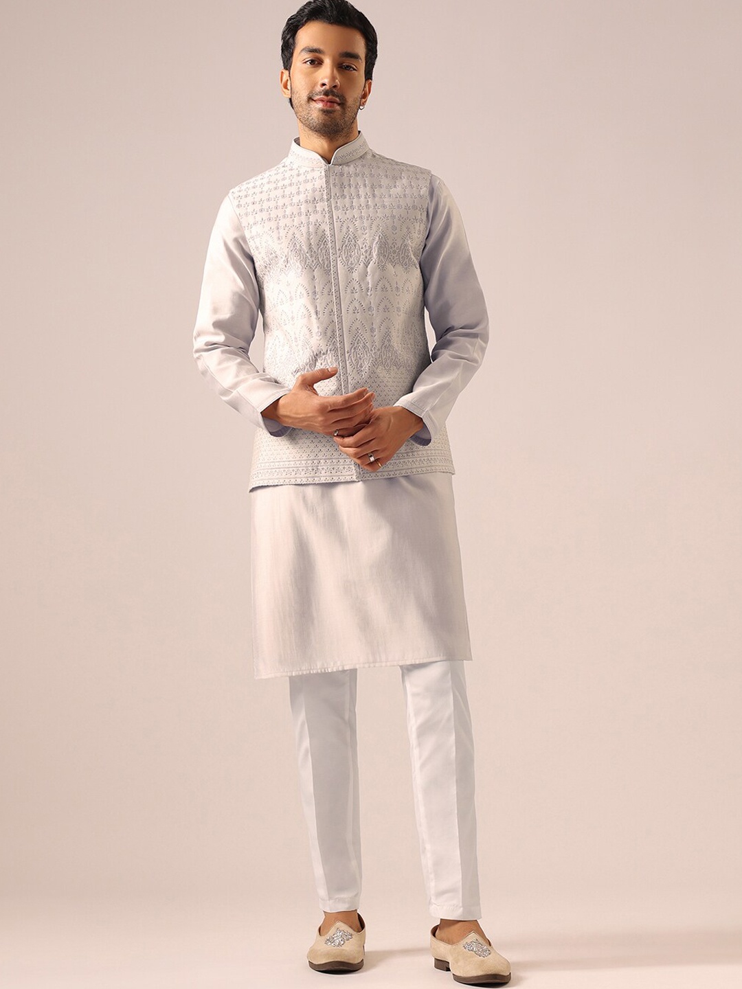 

KALKI Fashion Mandarin Collar Regular Kurta with Trousers With Jacket, Grey