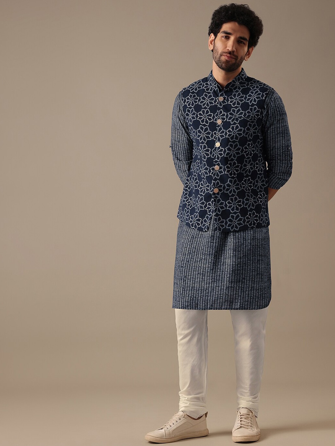 

KALKI Fashion Striped Mandarin Collar Roll-Up Sleeves Kurta with Churidar With Jacket, Navy blue