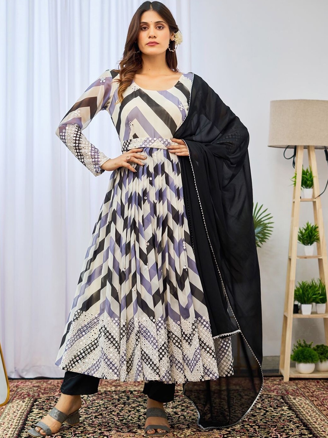 

BLACK SCISSOR Chevron Printed Mirror Work Pleated Anarkali Kurta with Trousers & Dupatta, White