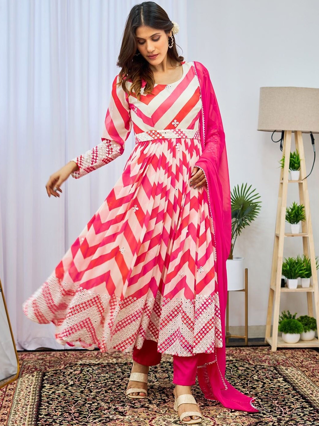 

KALINI Leheriya Printed Pleated Mirror Work Kurta With Trousers & Dupatta, Pink