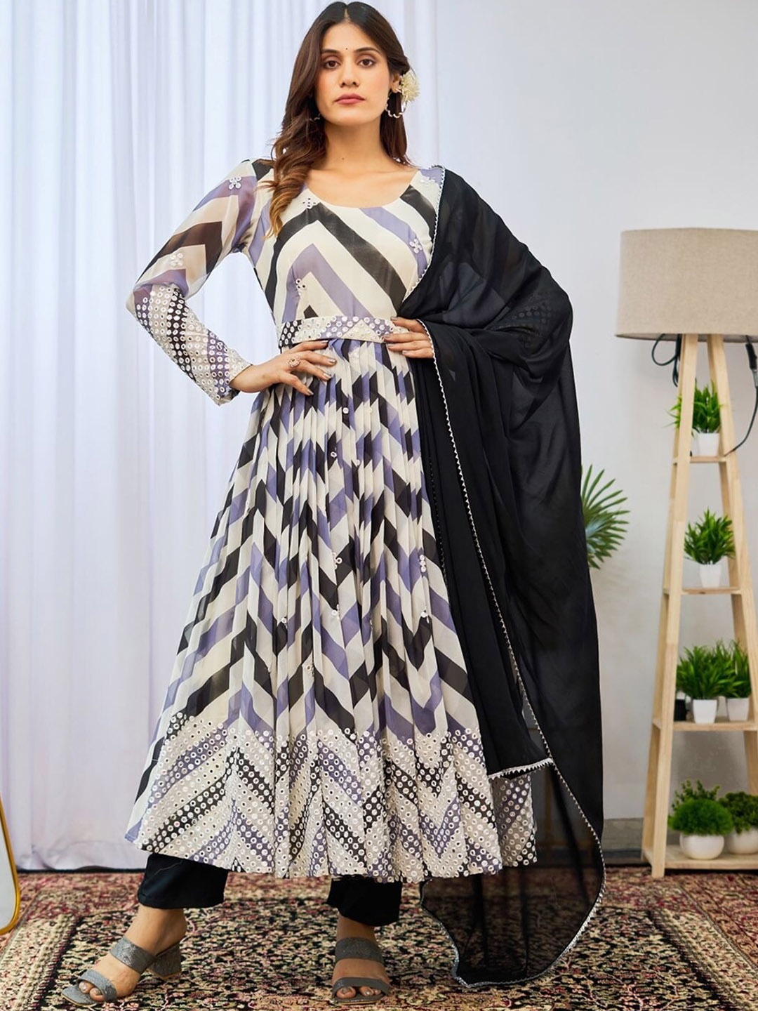 

KALINI Leheriya Printed Pleated Mirror Work Kurta With Trousers & Dupatta, White