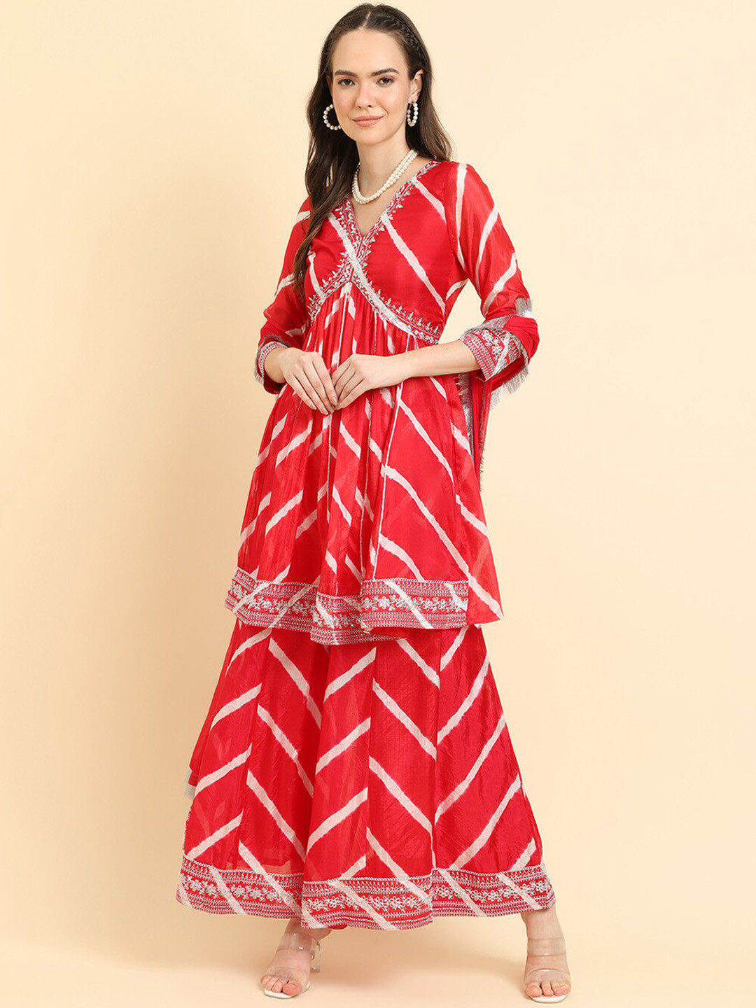 

Varanga Leheriya Empire Sequinned Kurta With Sharara & Dupatta, Red