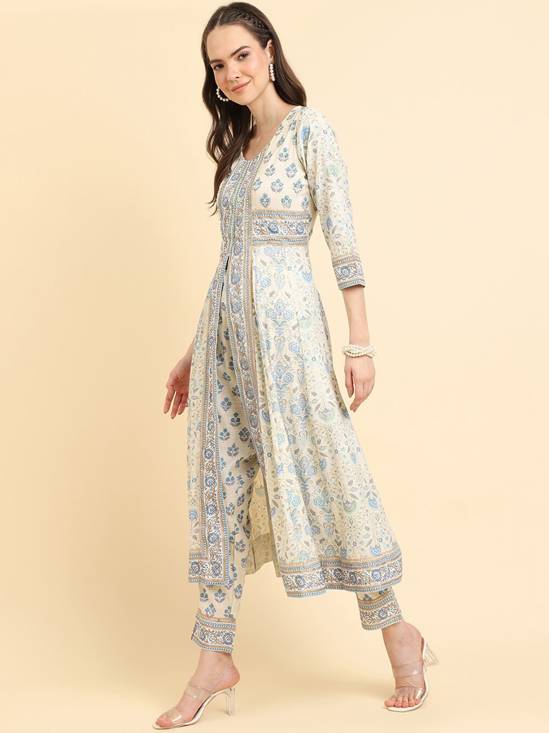 

Varanga Floral Printed High Slit Pure Cotton Kurta With Trousers & Dupatta, White