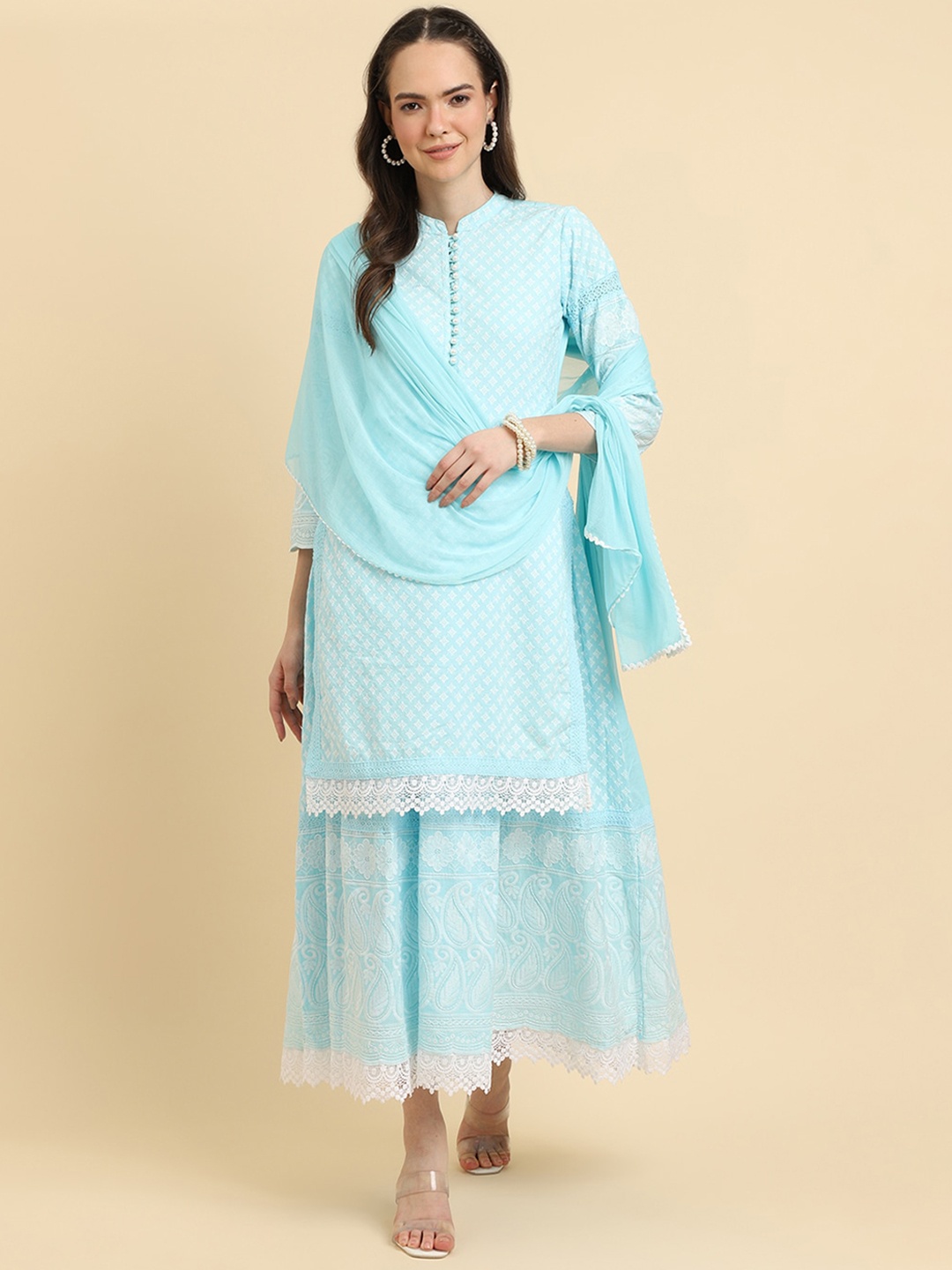 

Varanga Geometric Embroidered Pure Cotton Anarkali Kurta, Blue