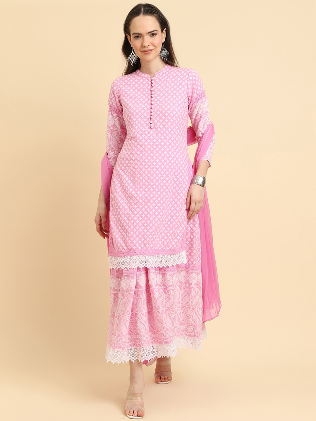 

Varanga Ethic Motifs Printed Mandarin Collar Anarkali Kurta, Pink