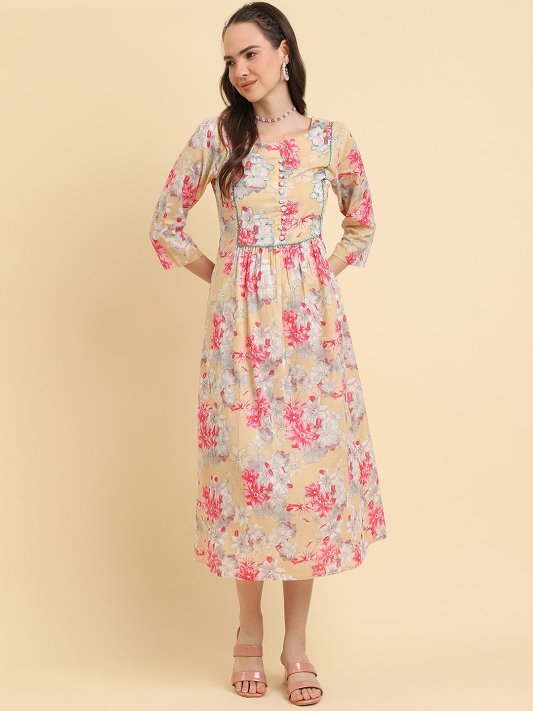 

Varanga Floral Printed Cotton Fit And Flare Dresses, Pink