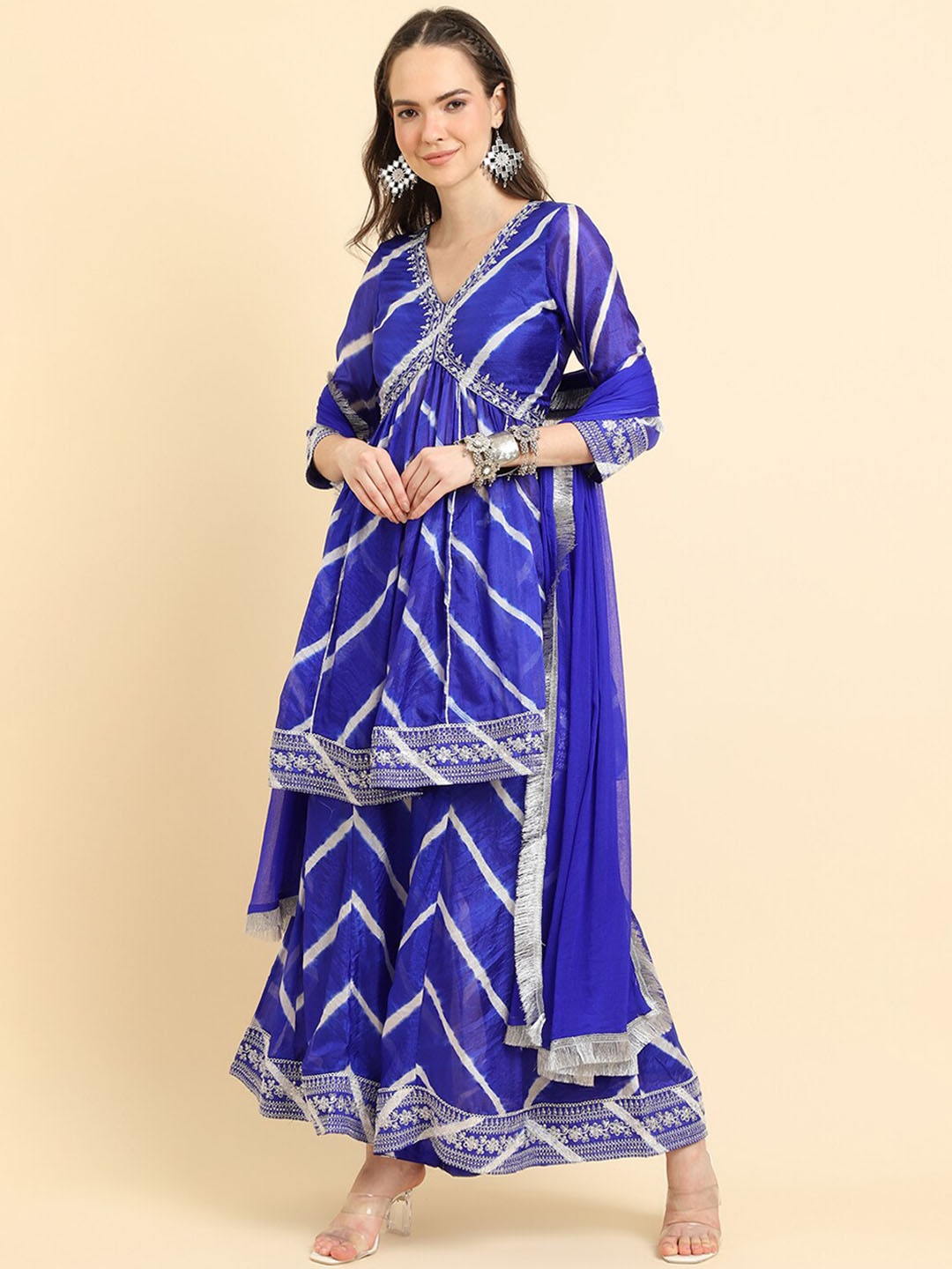 

Varanga Leheriya Printed Empire Thread Work Kurta With Sharara & Dupatta, Blue