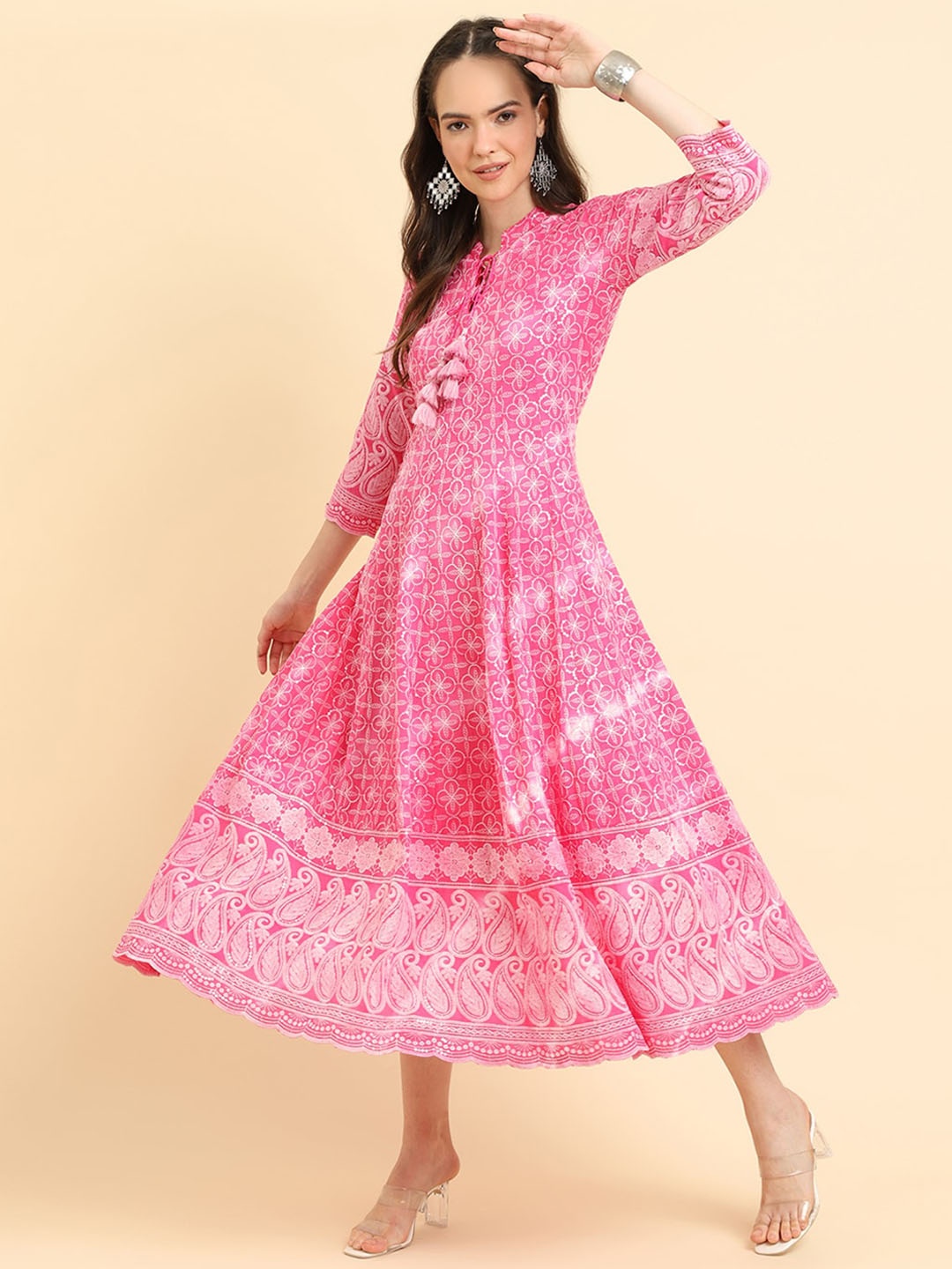 

Varanga Floral Printed Fit and Flare Ethnic Dress, Pink