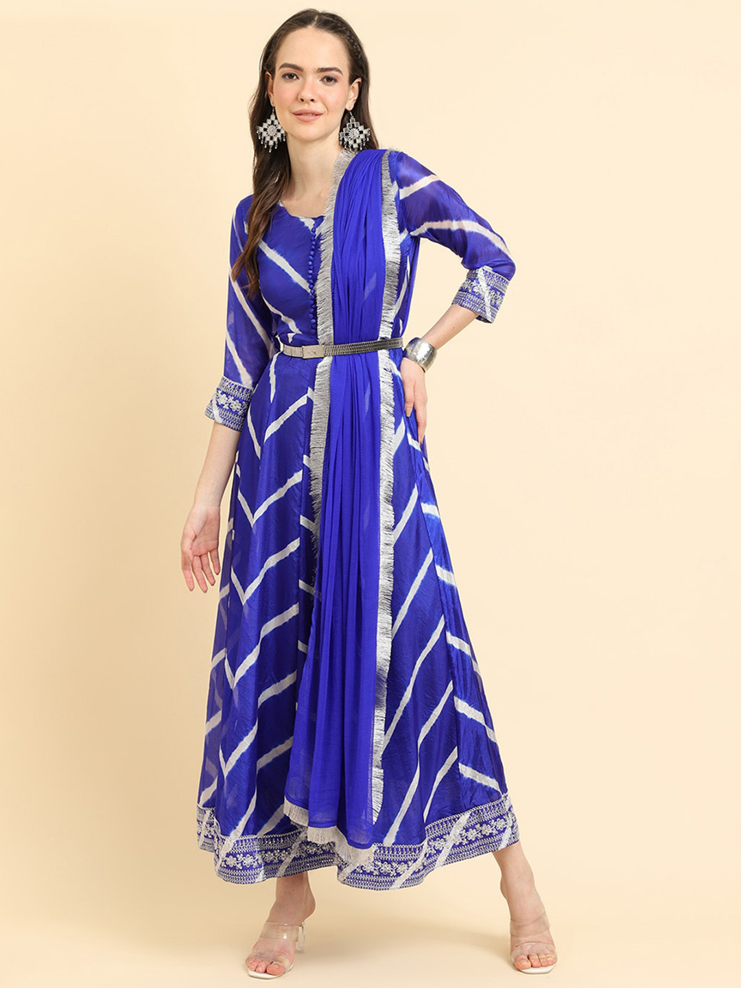 

Varanga Striped Kurta With Dupatta, Blue