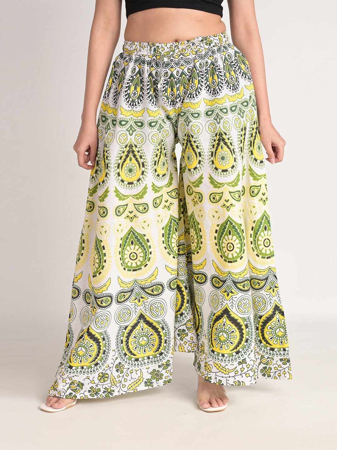 

Girly Girls Ethnic Motifs Printed Flared Knitted Cotton Palazzos, White