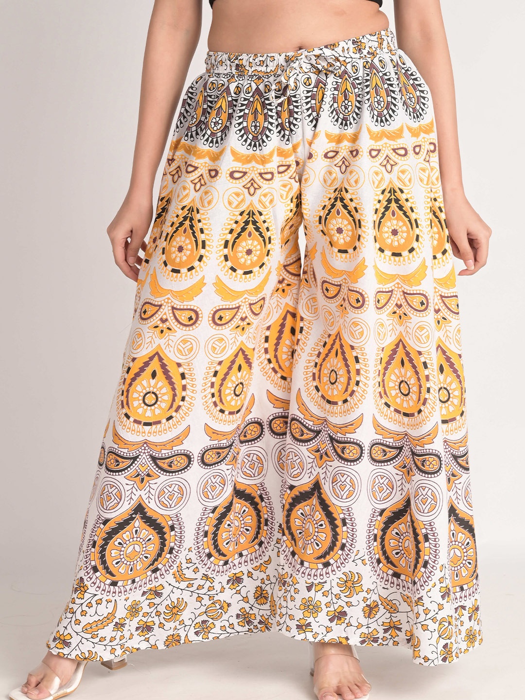 

Girly Girls Ethnic Motifs Printed Flared Knitted Palazzos, White