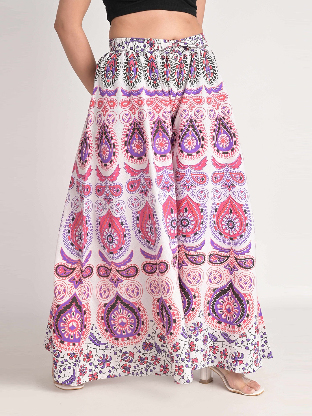 

Girly Girls Ethnic Motifs Printed Flared Knitted Cotton Palazzos, Pink