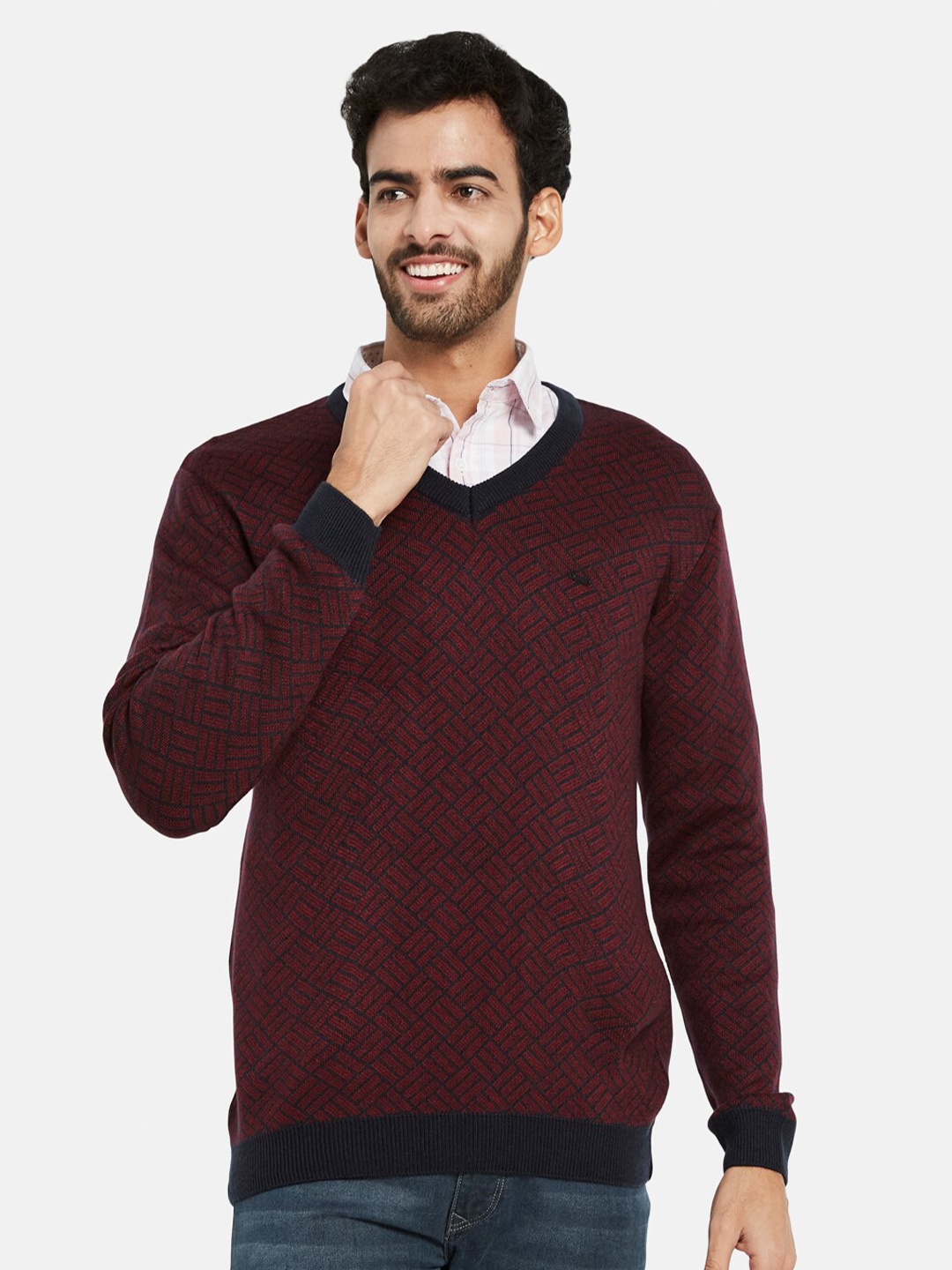 

METTLE Checked Long Sleeves Acrylic Pullover, Maroon