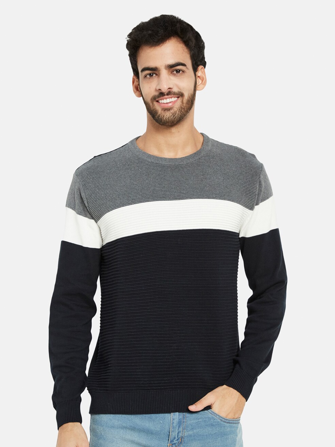 

METTLE Horizontal Striped Cotton Pullover, Navy blue